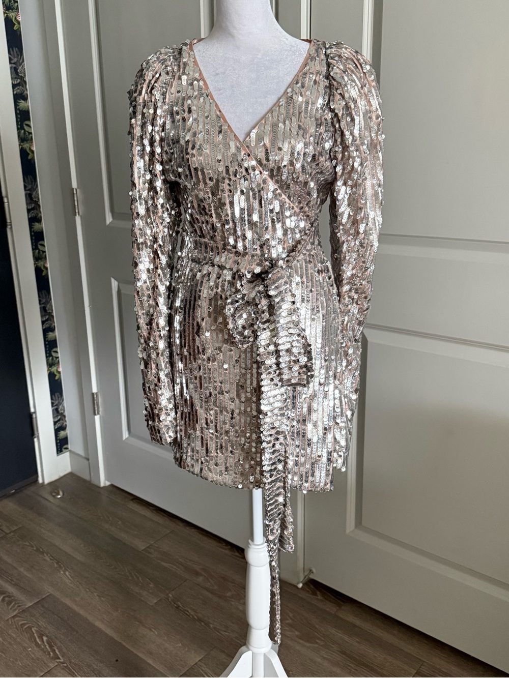 ROTATE Birger Christensen Long Sleeve Silver Sequin Mini Party Wrap Dress Size S